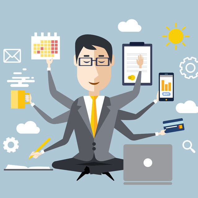 40658615 - businessman with multitasking and multi skill. keep calm. business concept. flat design